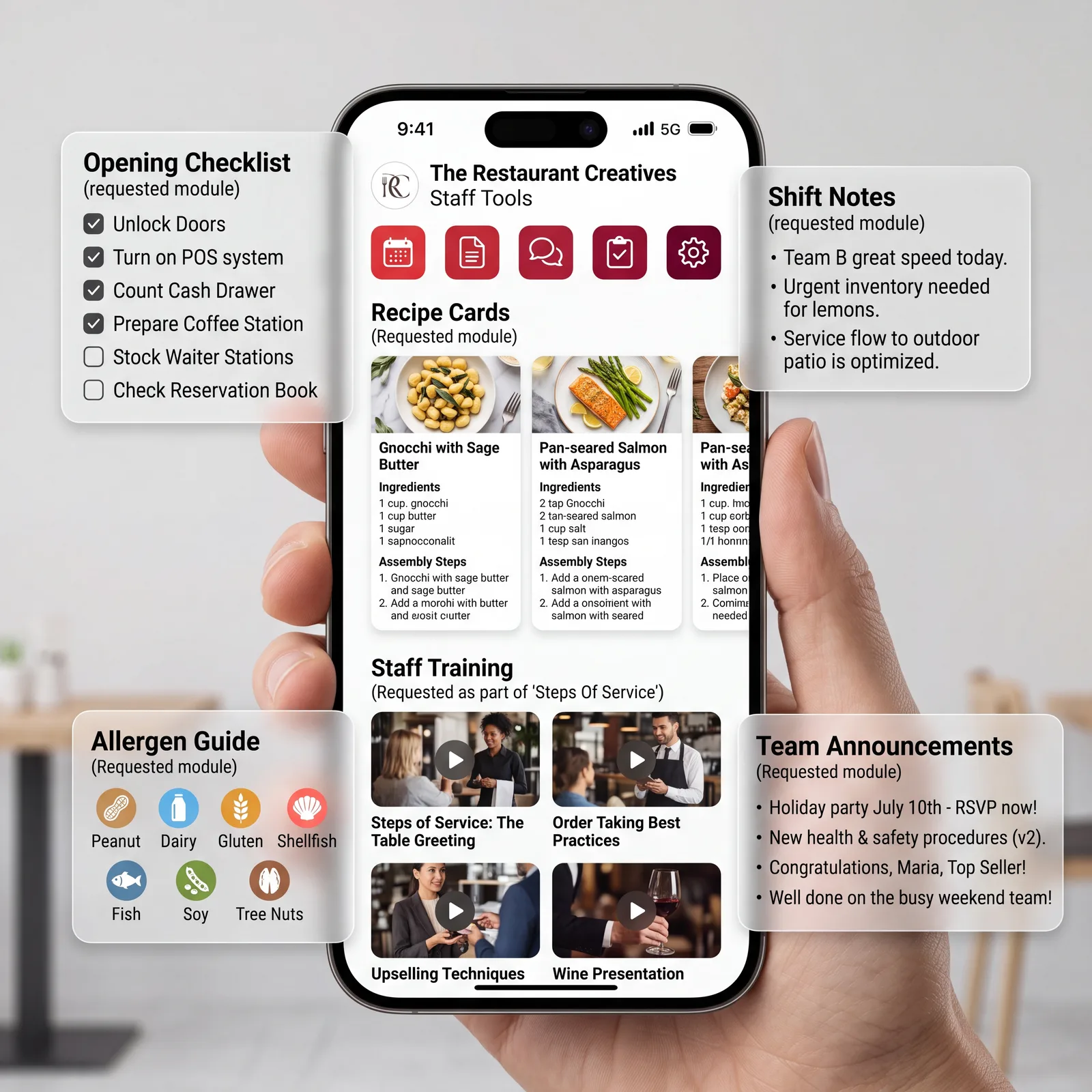 Staff app screens: recipe card, team chat, manager recap, and training guide