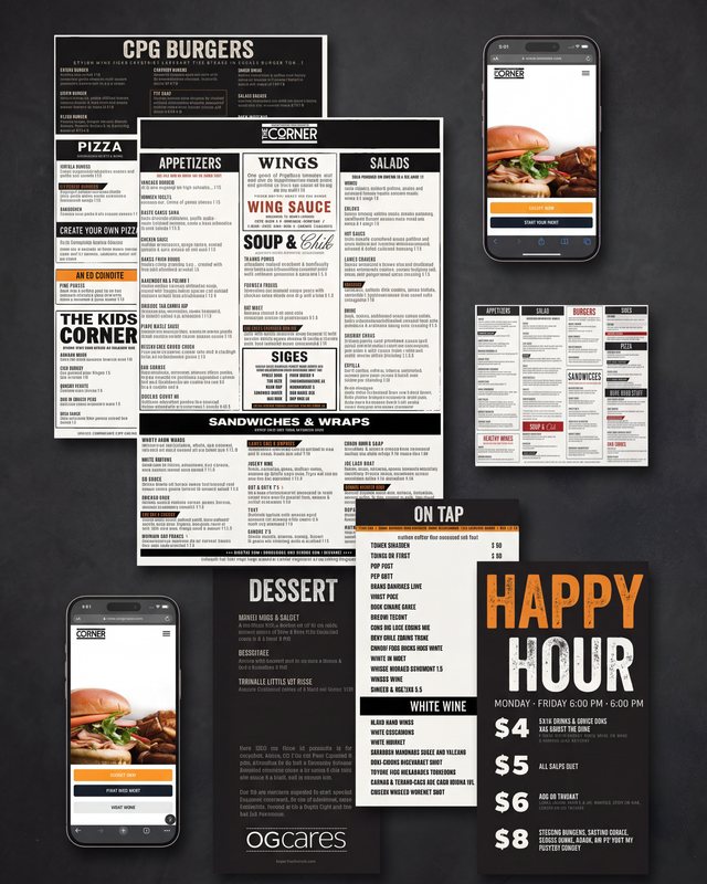 The Corner Pub & Grill menu family: dining, kids, happy hour, and mobile ordering