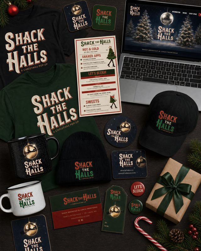 Shack The Halls holiday pop-up merch flat-lay: shirts, beanies, mugs, coasters, and menu